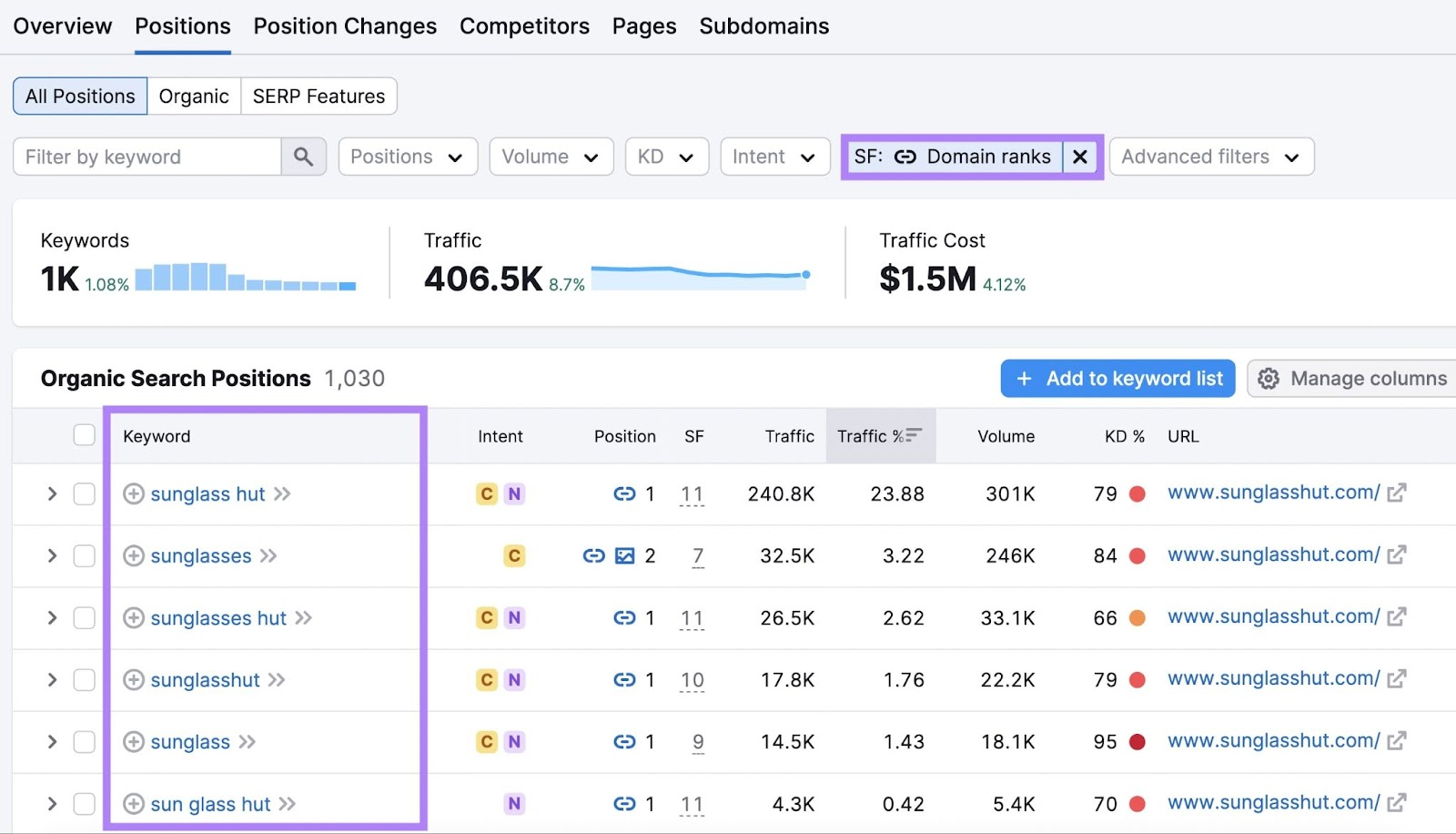 Organic Rankings Positions tab showing keywords for which a domain shows sitelinks