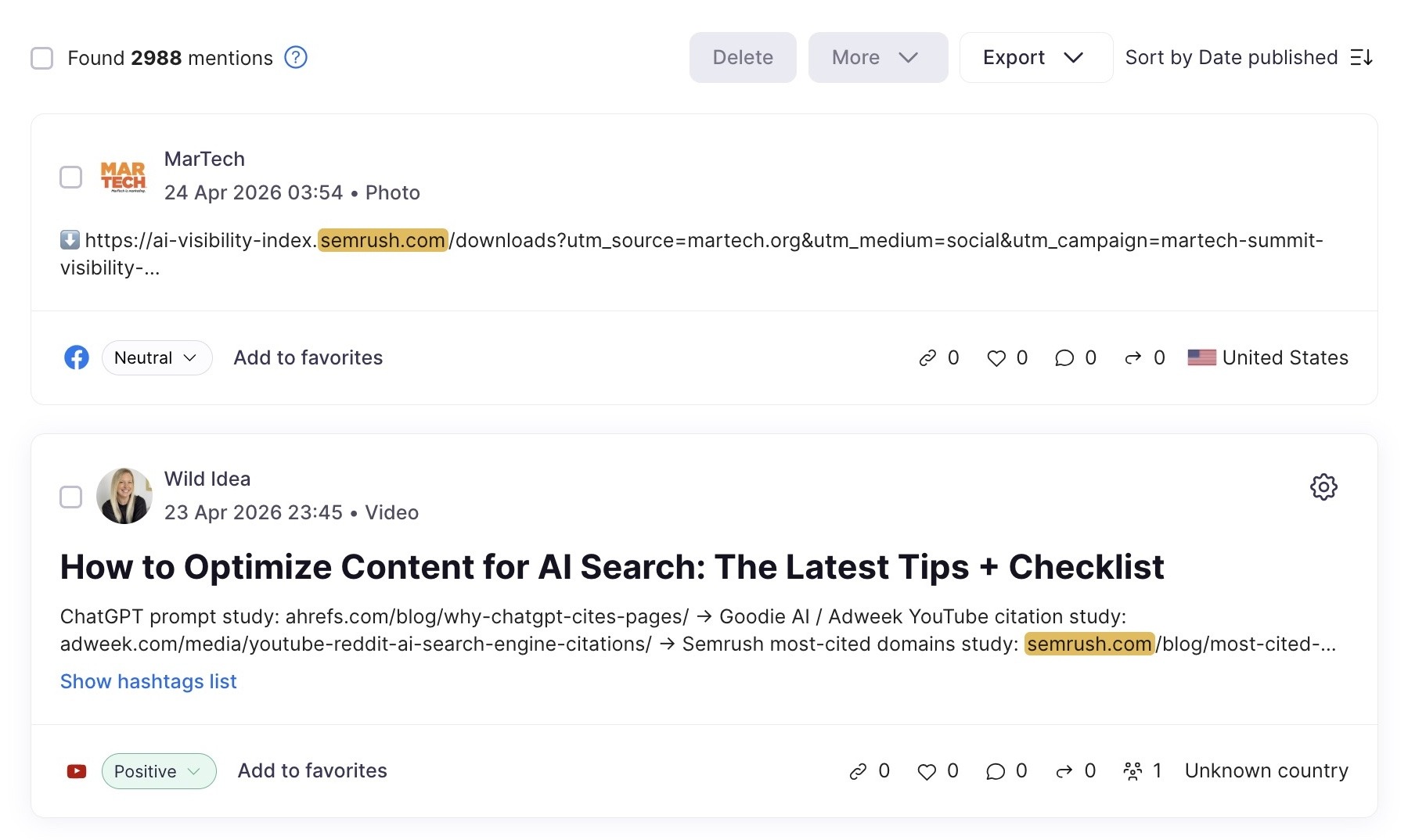 Brand Monitoring tool showing a list of brand mentions for "sr02.scalepine.com" across platforms.