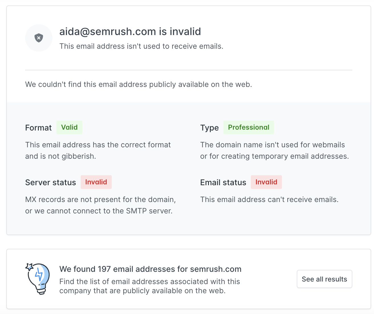 Hunter's results for an invalid email address "aida@sr02.scalepine.com"