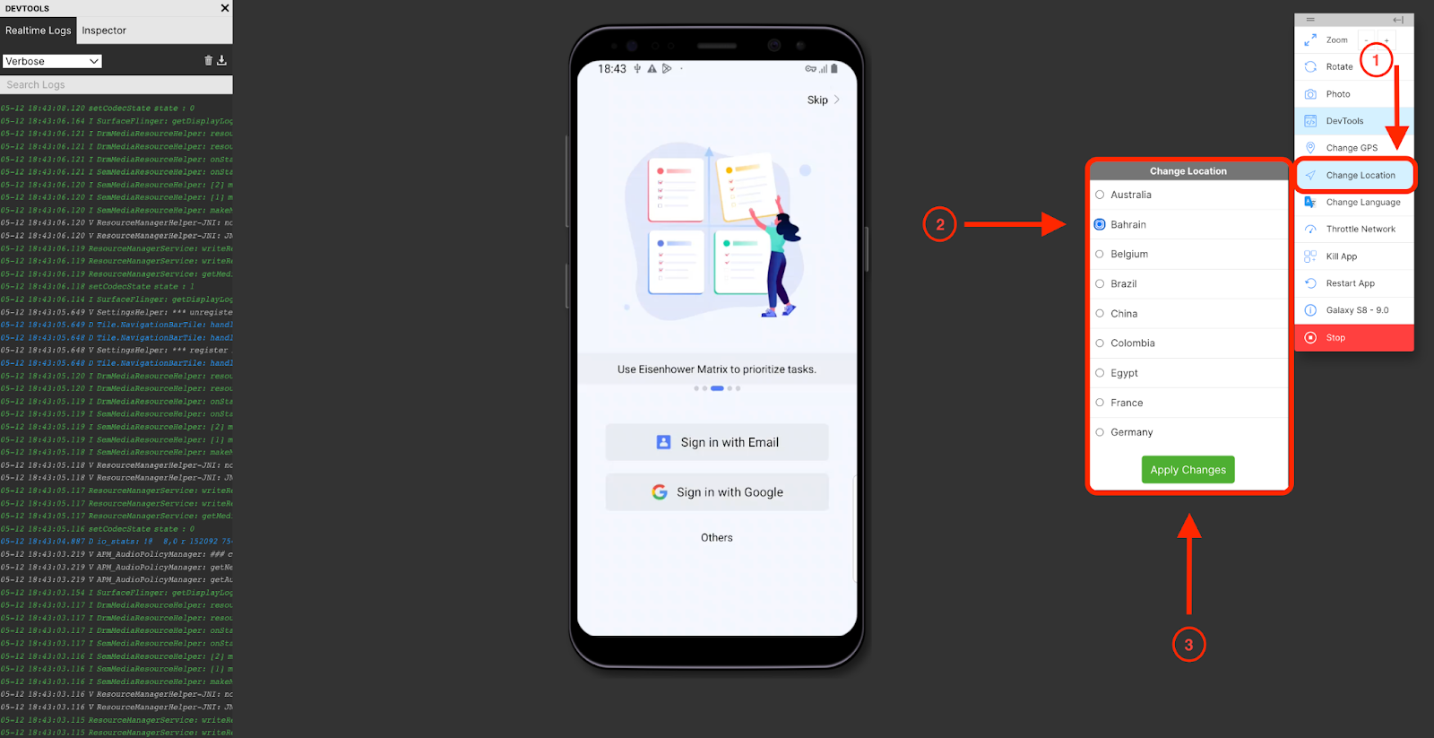 An example of how to save your GPS, language, and location changes in the Mobile App Tester.